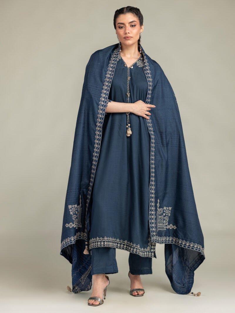 Navy Blue Embroidered 3-Piece Suit