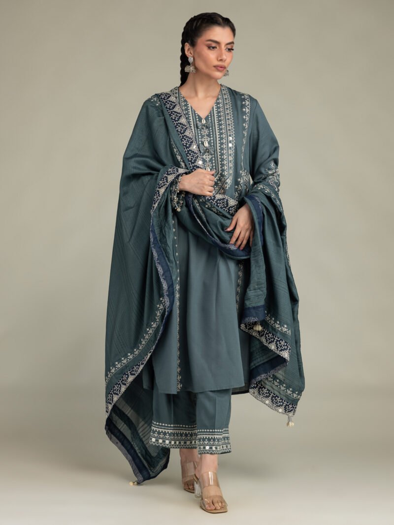 Elegant Blue Embroidered 3-Piece Suit